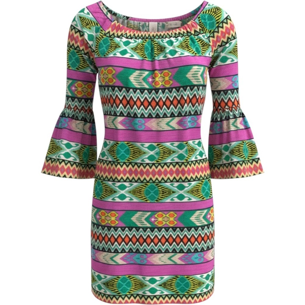 R. Rouge Geometric Tribal Print Bell Sleeve Mini Dress Purple Green Small T2182